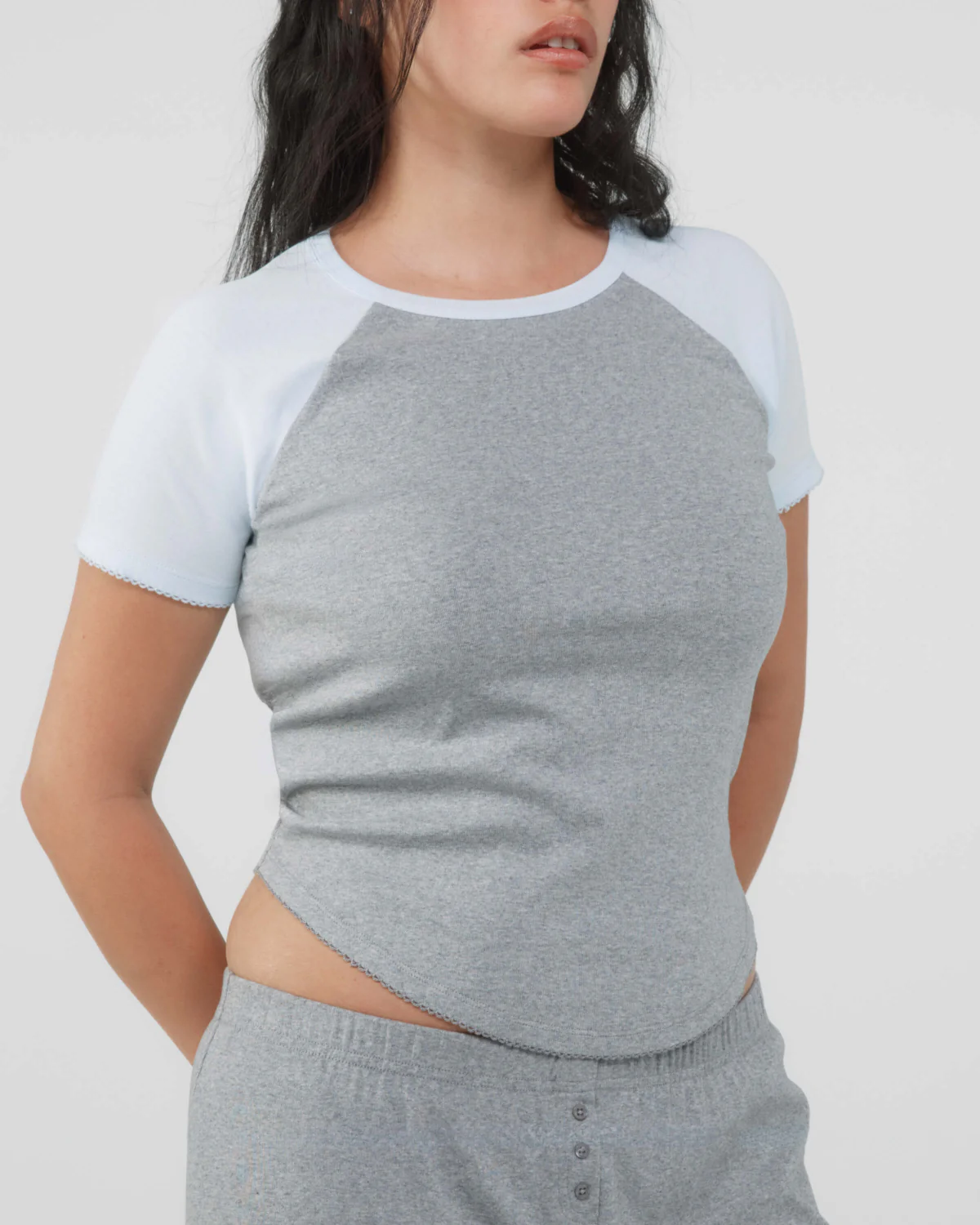 The Raglan Tee: Grey / Sky Blue Cotton Jersey - Image 4